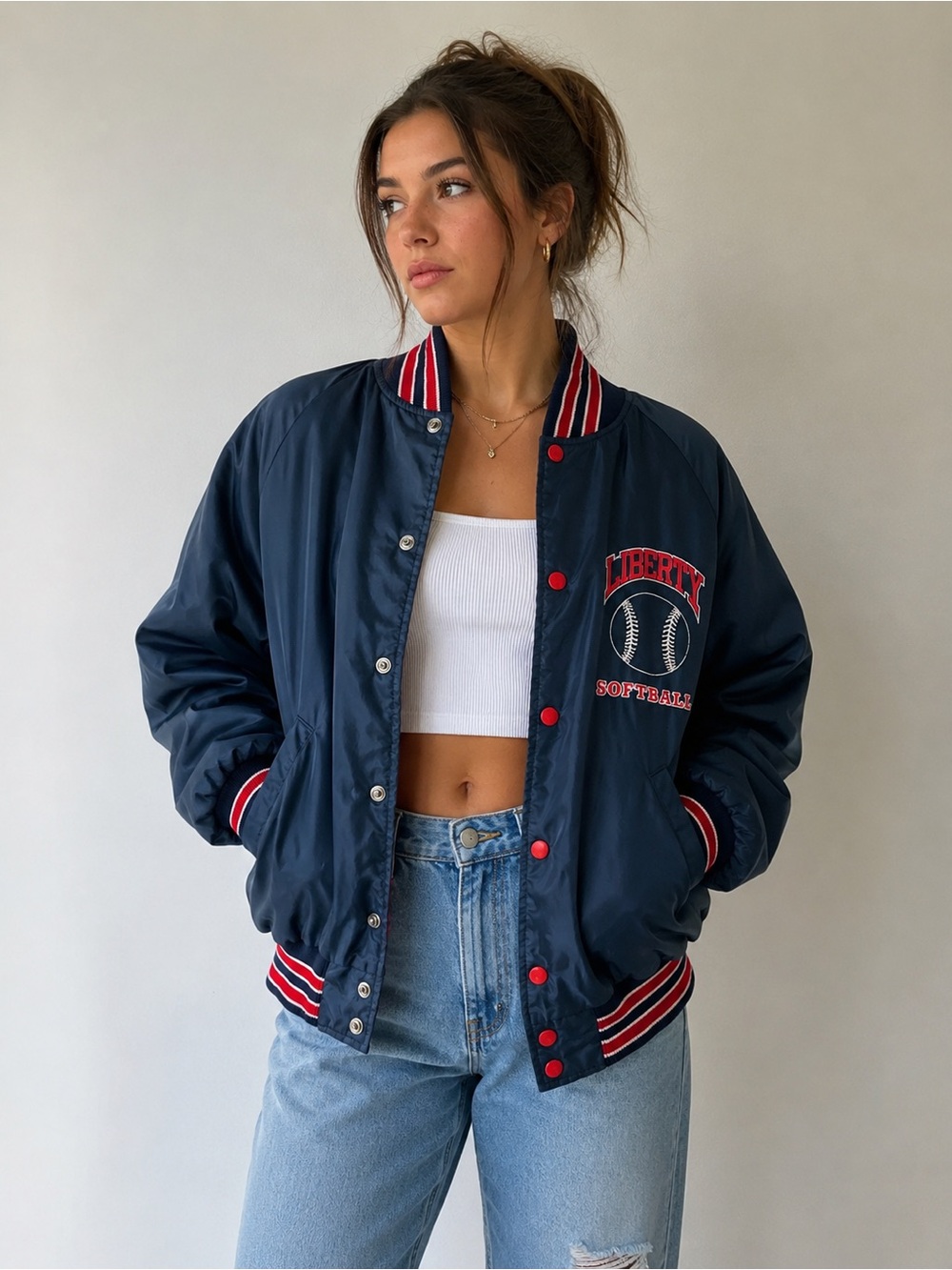 Vintage Navy and Red Striped Varsity  Bomber Jacket